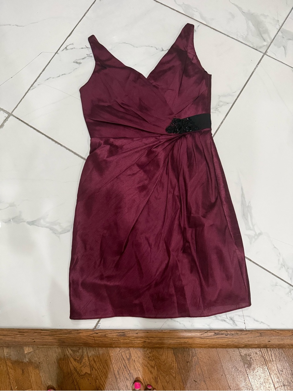 Sleeveless Wine V-Neck Mini Dress with Draped Waist Detail